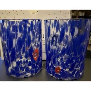 Alessandro Coppola Art Mosaic Glass Blue Set of 2 - Italy New NWT 10 oz.